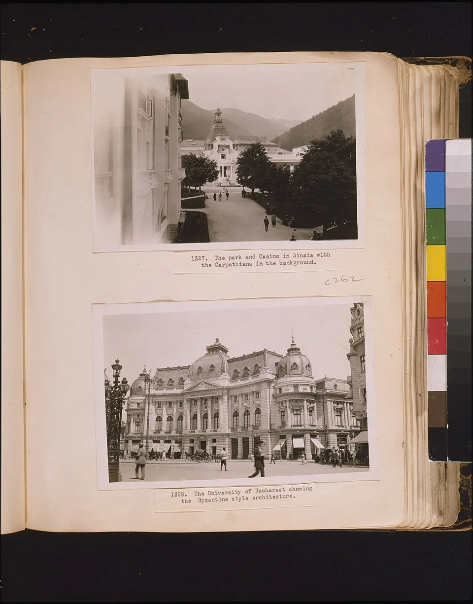 Azuga context image 1: Historic view of Sinaia park and casino with the Carpathians behind.