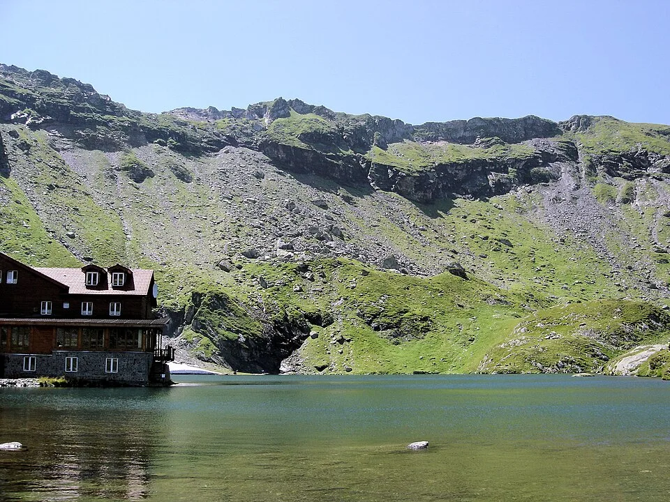 Bâlea Lake and the Bâlea Lac mountain hut on its shore, high in the Făgăraș Mountains.