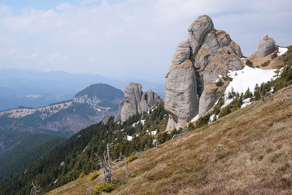 The distinctive weathered summit rocks of Ciucaș Peak.