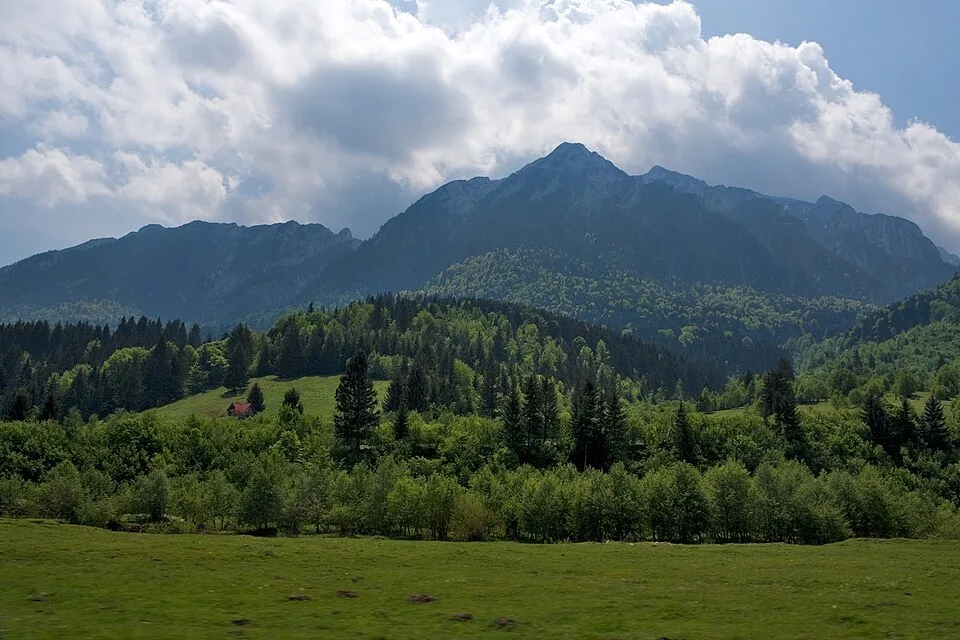 The saw-toothed limestone ridge of Piatra Craiului seen from the road below, the same crest this route climbs onto and traverses.