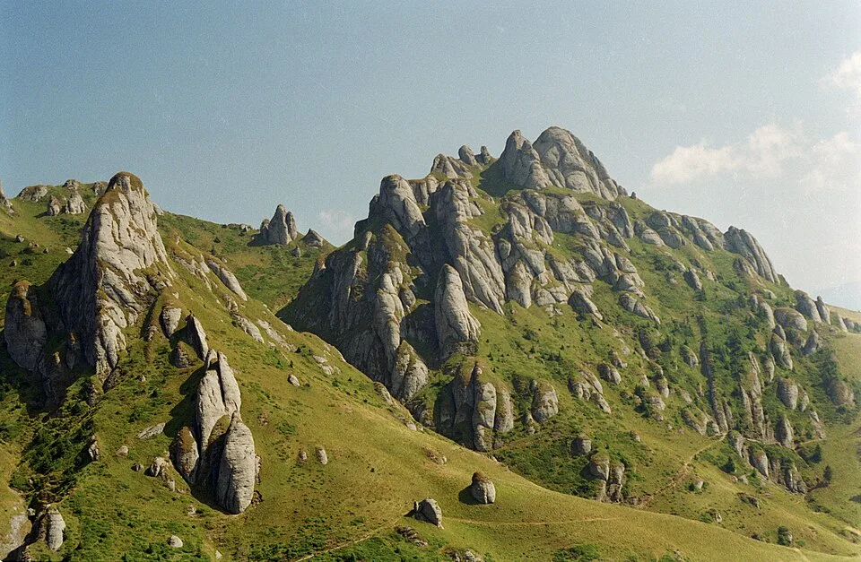 The Ciucaș Mountains ridge, home to the wind- and rain-sculpted conglomerate towers of Tigăile Mari.